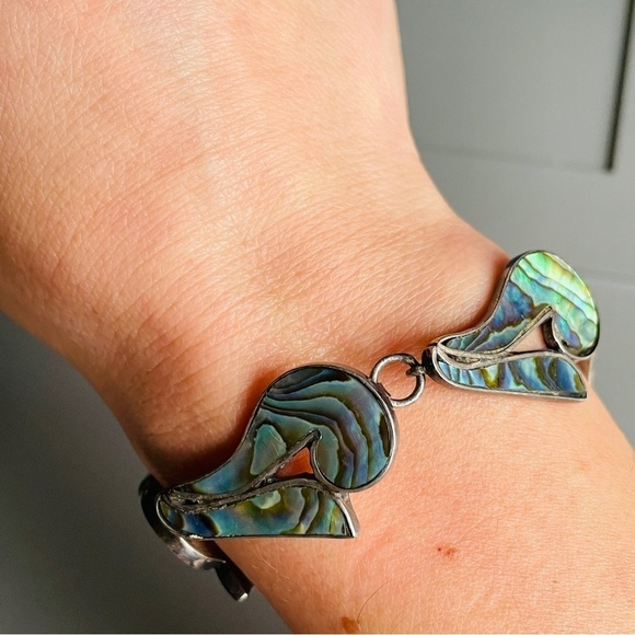 Vintage Mexican 1940s Sterling Silver Abalone Inlay Link Bracelet Antique - Picture 8 of 10